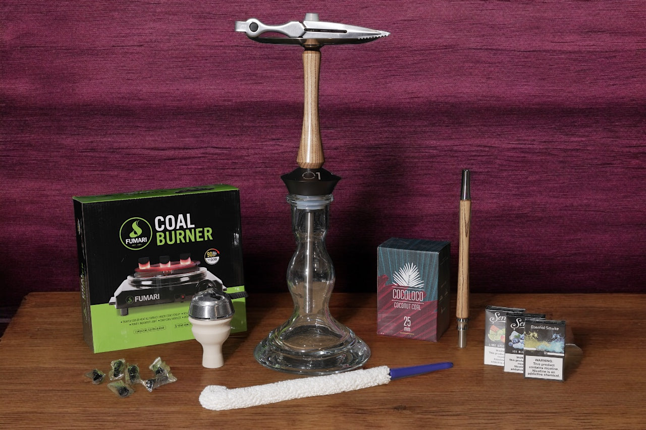 Balanced Experience hookah starter pack with Alpha Hookah, premium accessories, and coal burner