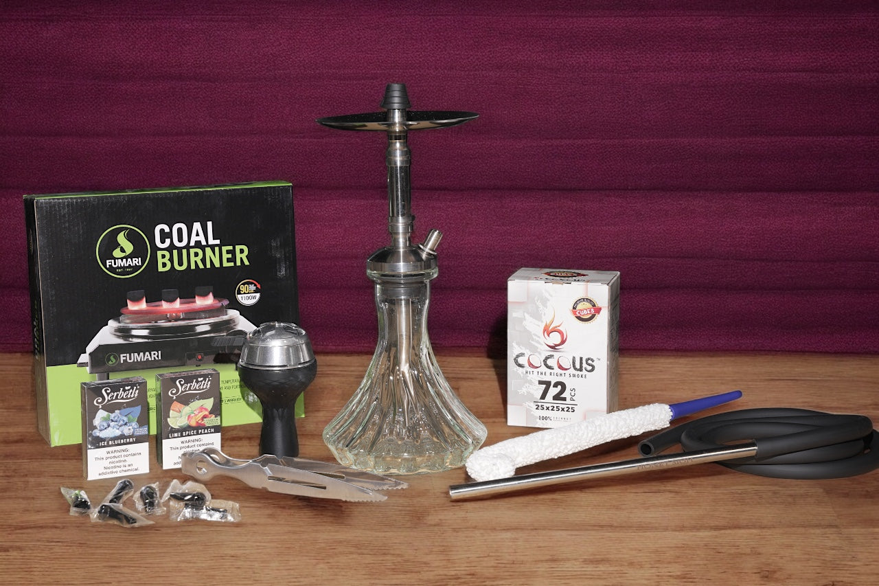 Beginner Lite hookah starter pack with Honey Sigh hookah, tobacco, coal, and basic accessories